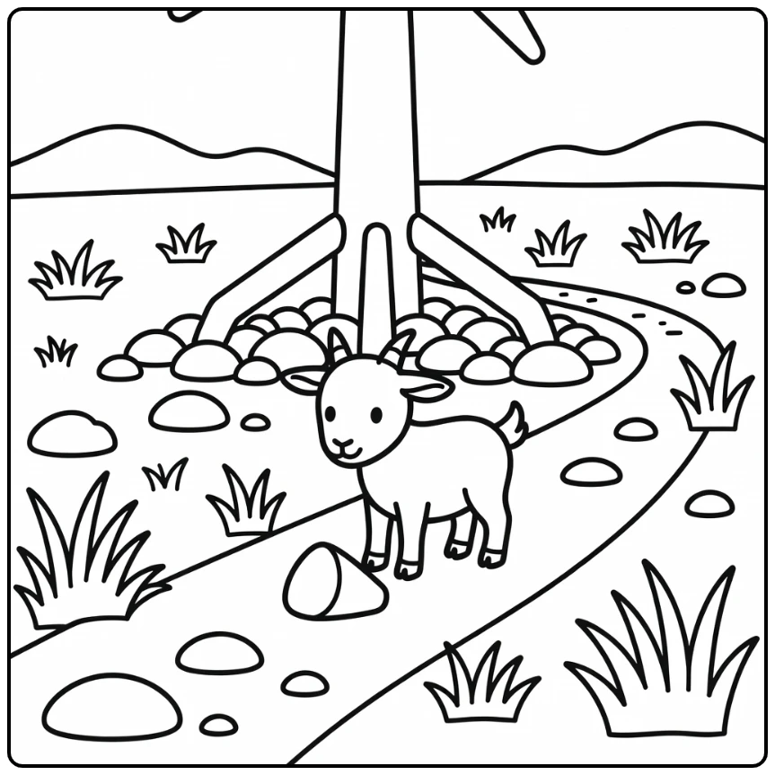Goat coloring page with wind turbine and hills