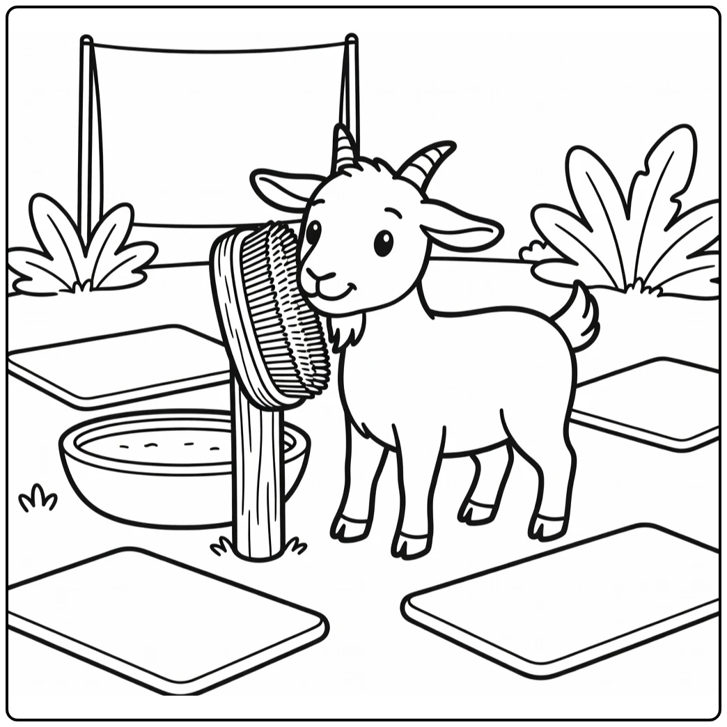 Goat coloring page with goat rubbing cheek on scratch brush