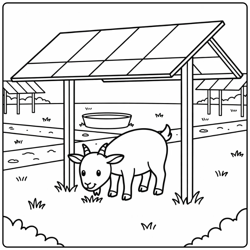 Goat coloring page with cute goat under solar panels