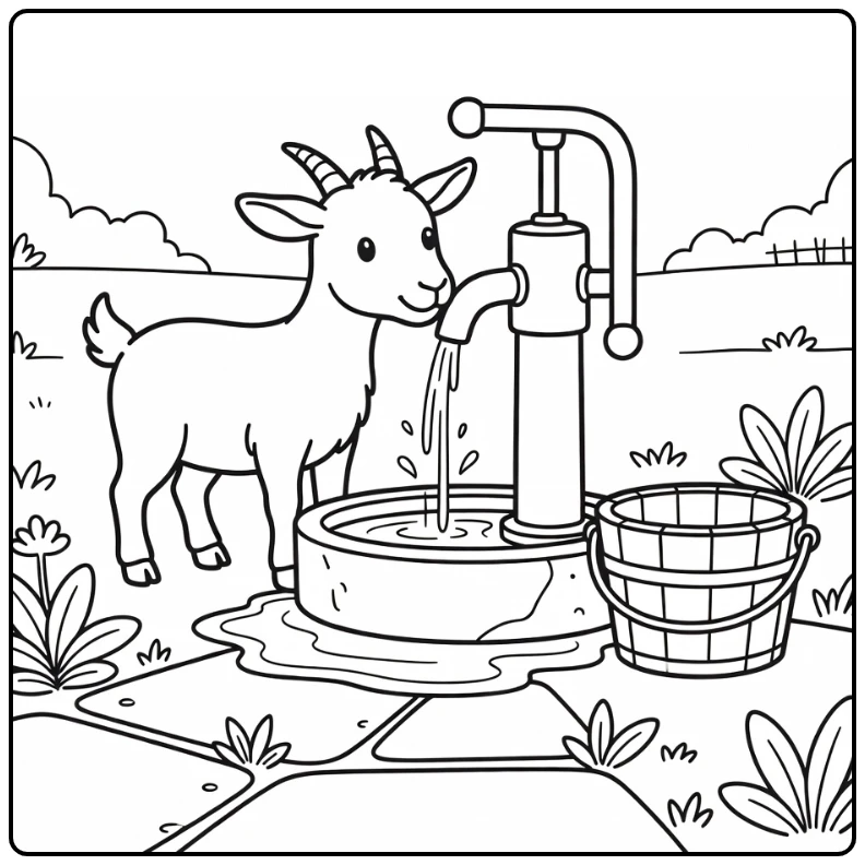 Goat coloring page with curious goat at old water pump