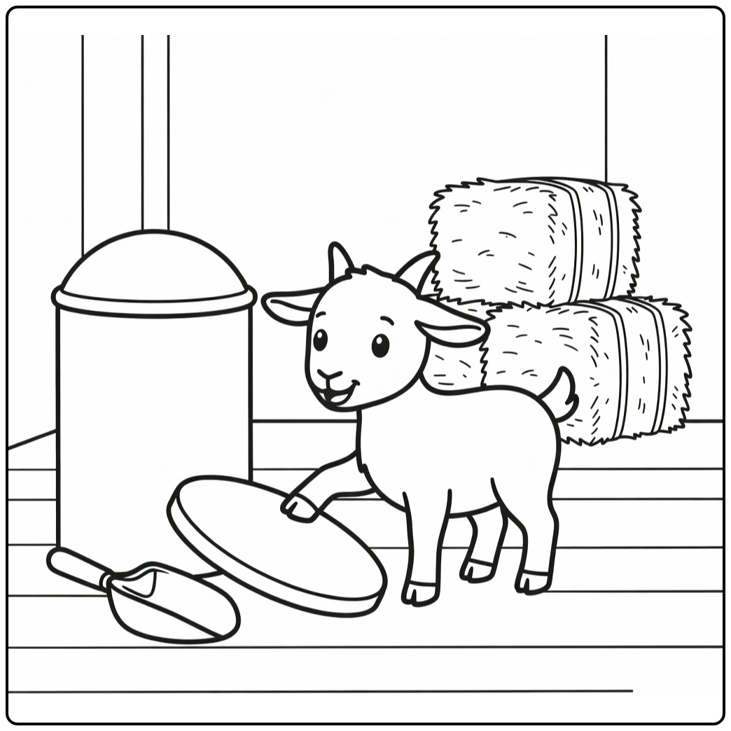 Goat coloring page showing curious goat in farm shed with bin lid