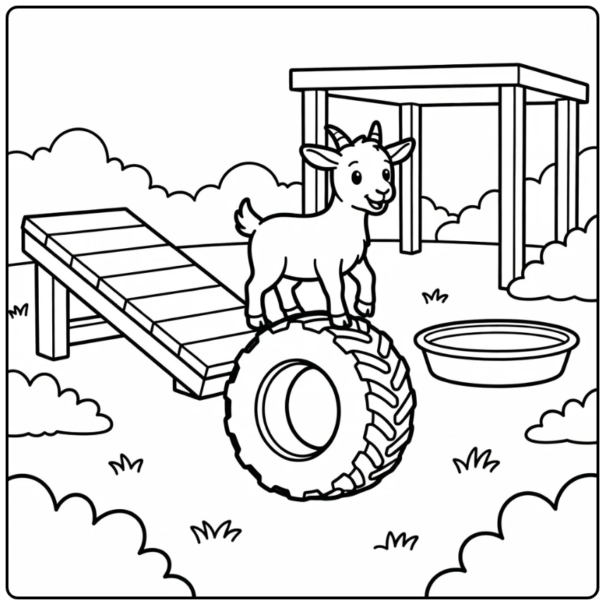 Goat coloring page showing goat on tractor tire in farm