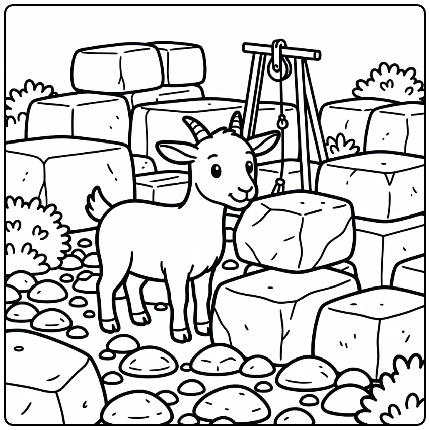 Goat coloring page of goat touching stone in quarry