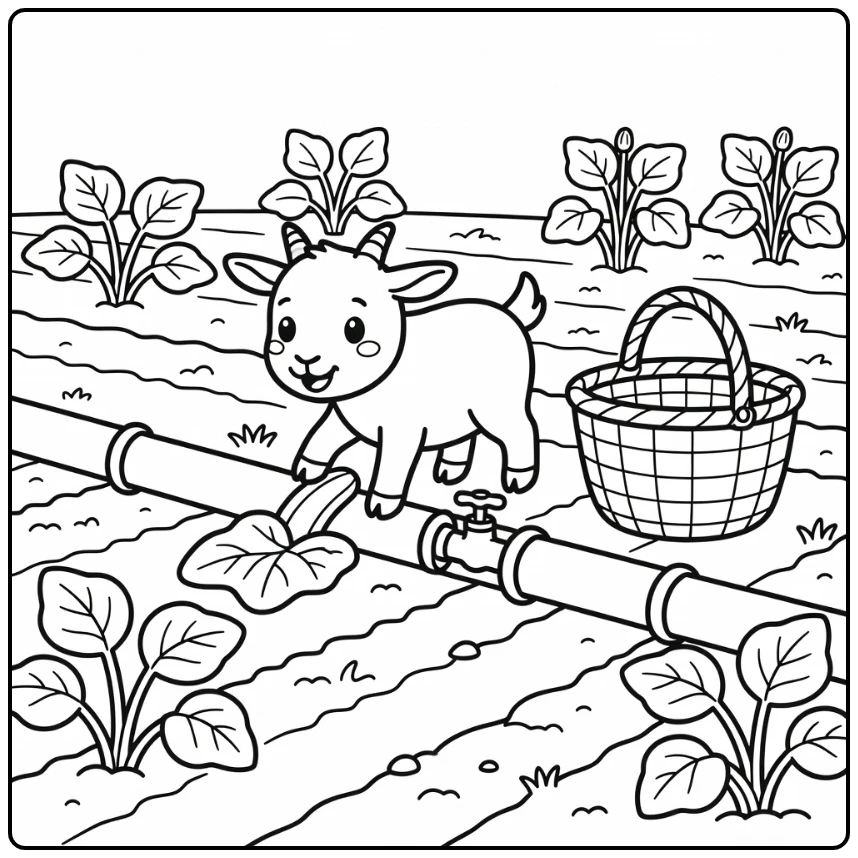 Goat coloring page in dry crop field with squash