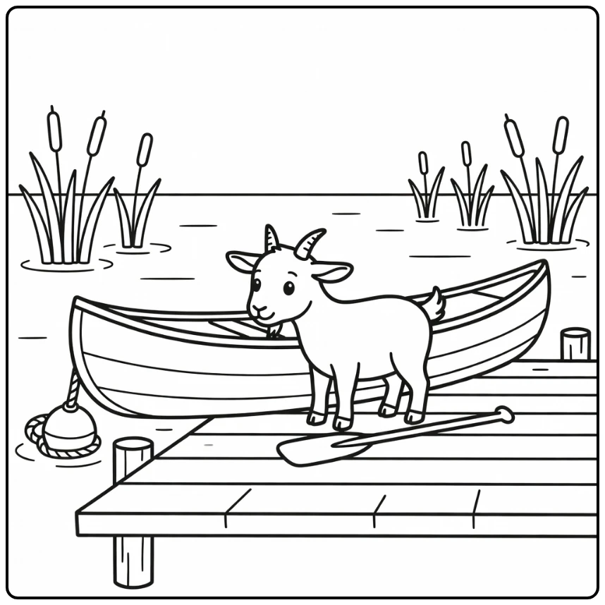 Goat coloring page of goat sniffing canoe at lakeside