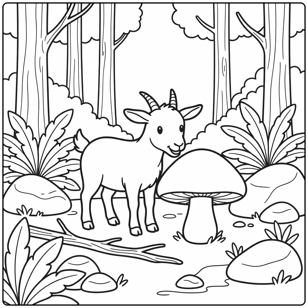 Goat coloring page of goat sniffing oversized mushroom in forest