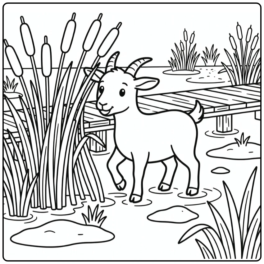 Goat coloring page of goat pushing reeds in marsh