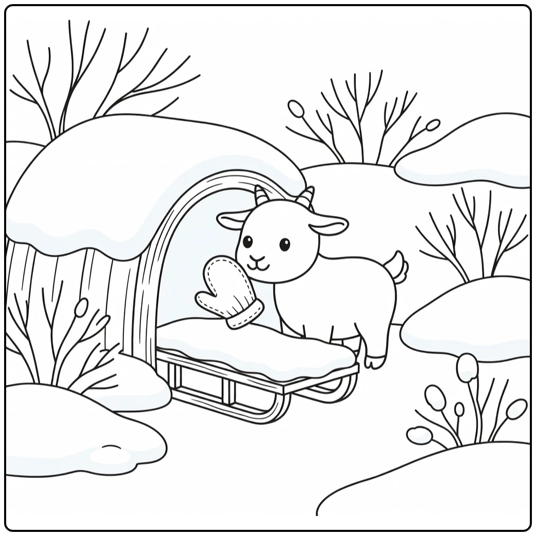 Goat coloring page showing cute goat and mitten glove in snow