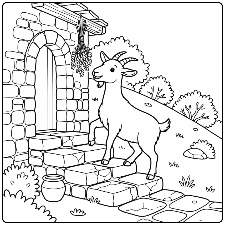Goat coloring page of nimble goat on stone steps