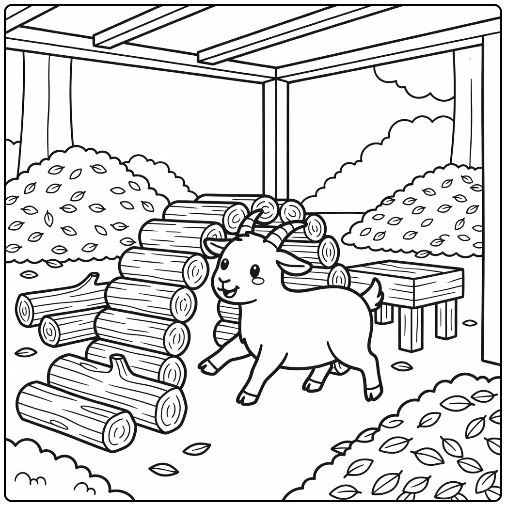 Goat coloring page of goat squeezing through firewood arch