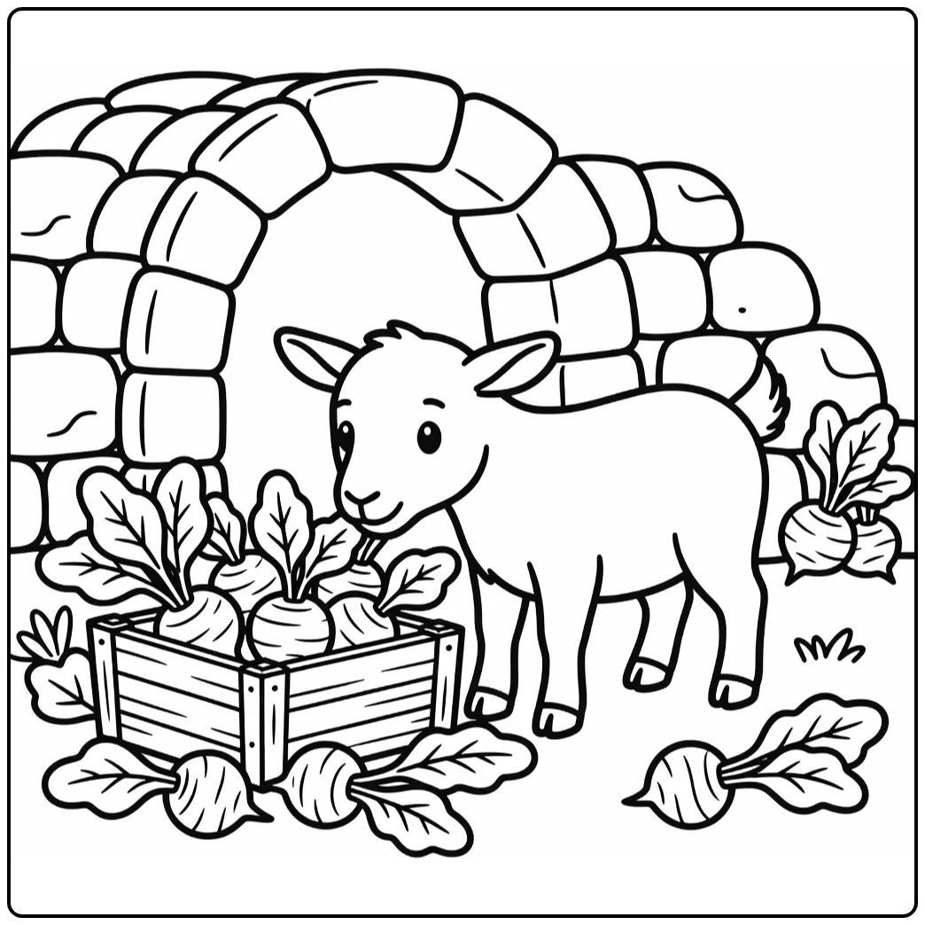 Goat Coloring Page: Cute Goat Nosing Turnips by Cellar