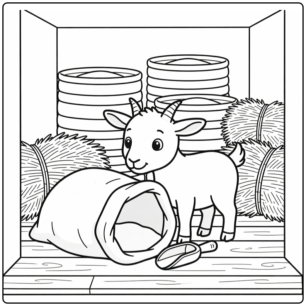Goat coloring page of goat at tipped feed sack in alcove
