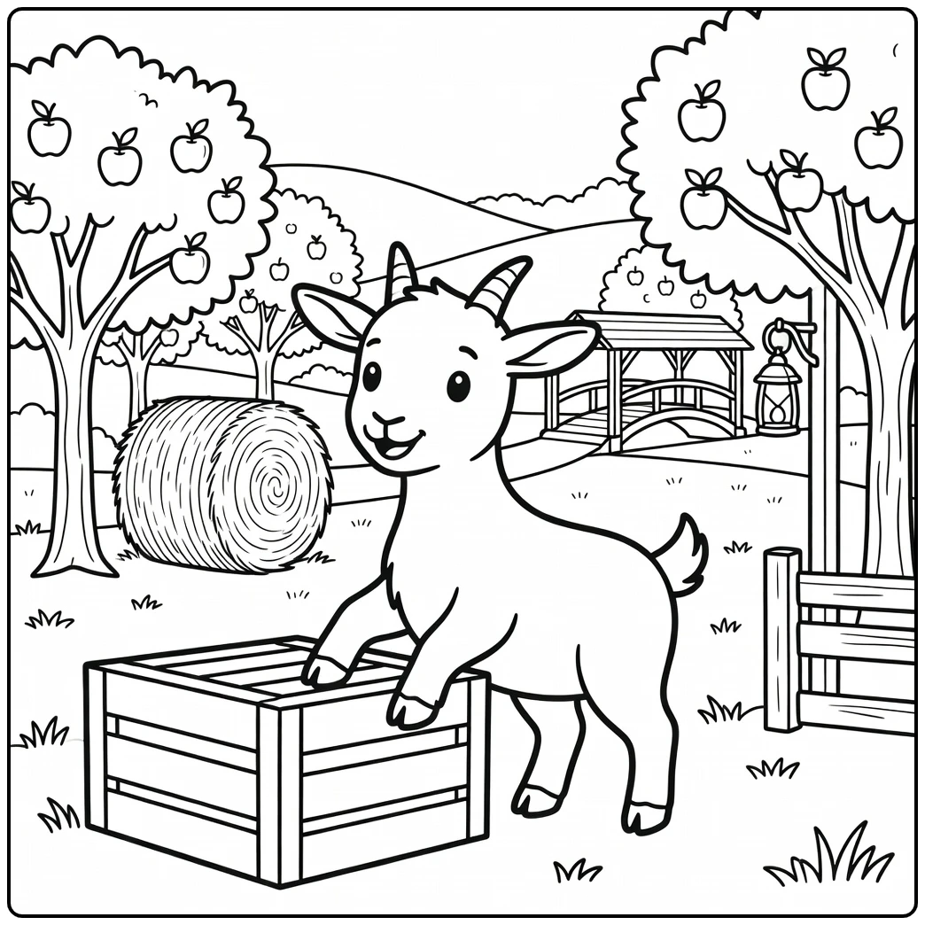 Playful Goat on Crate in Farm - Goat USA Coloring Page