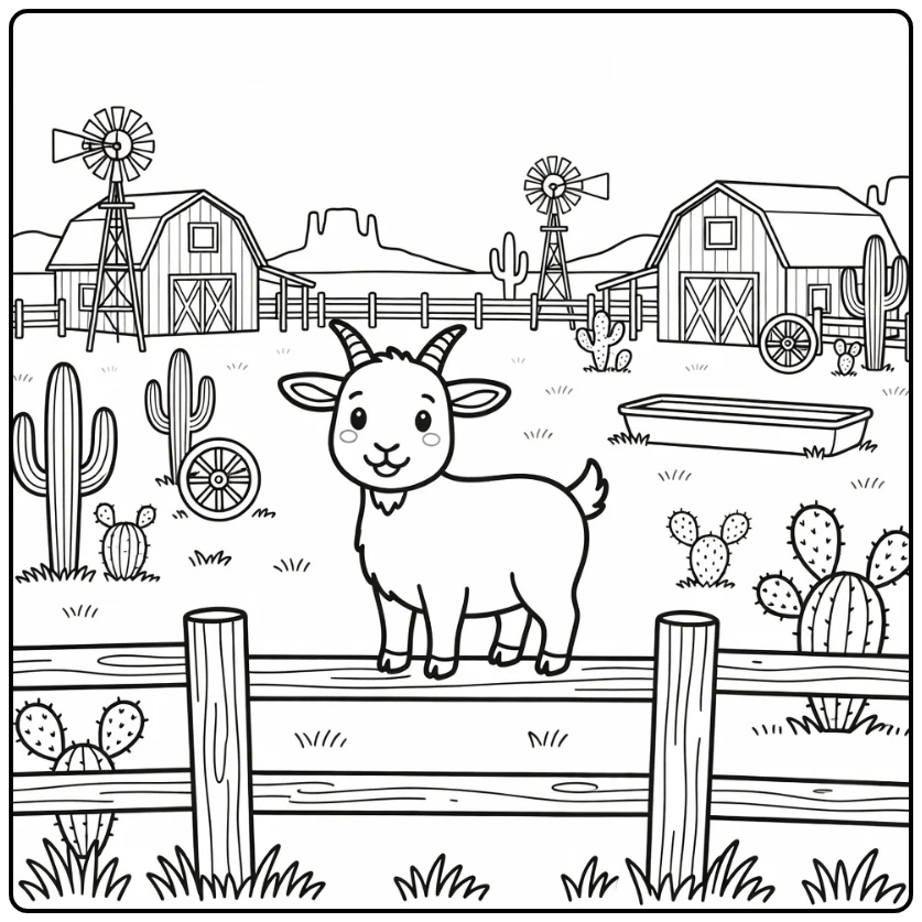 Goat USA coloring page with sturdy goat on ranch fence