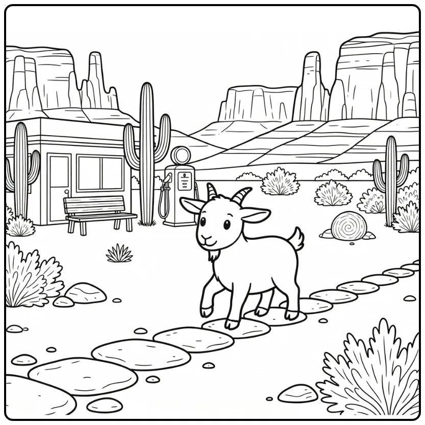 Goat usa coloring page in American Southwest desert scene