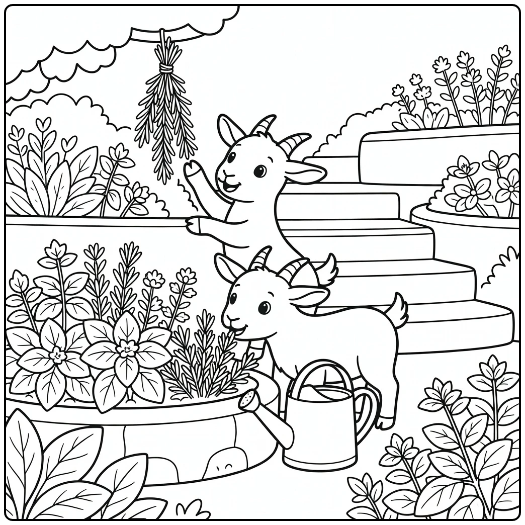 Goats coloring page with two goats in herb garden exploring rosemary