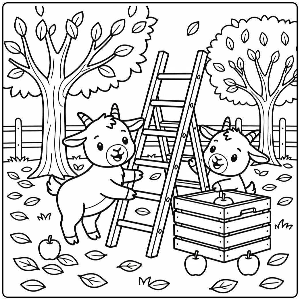 Goats coloring page featuring two playful goats in an orchard
