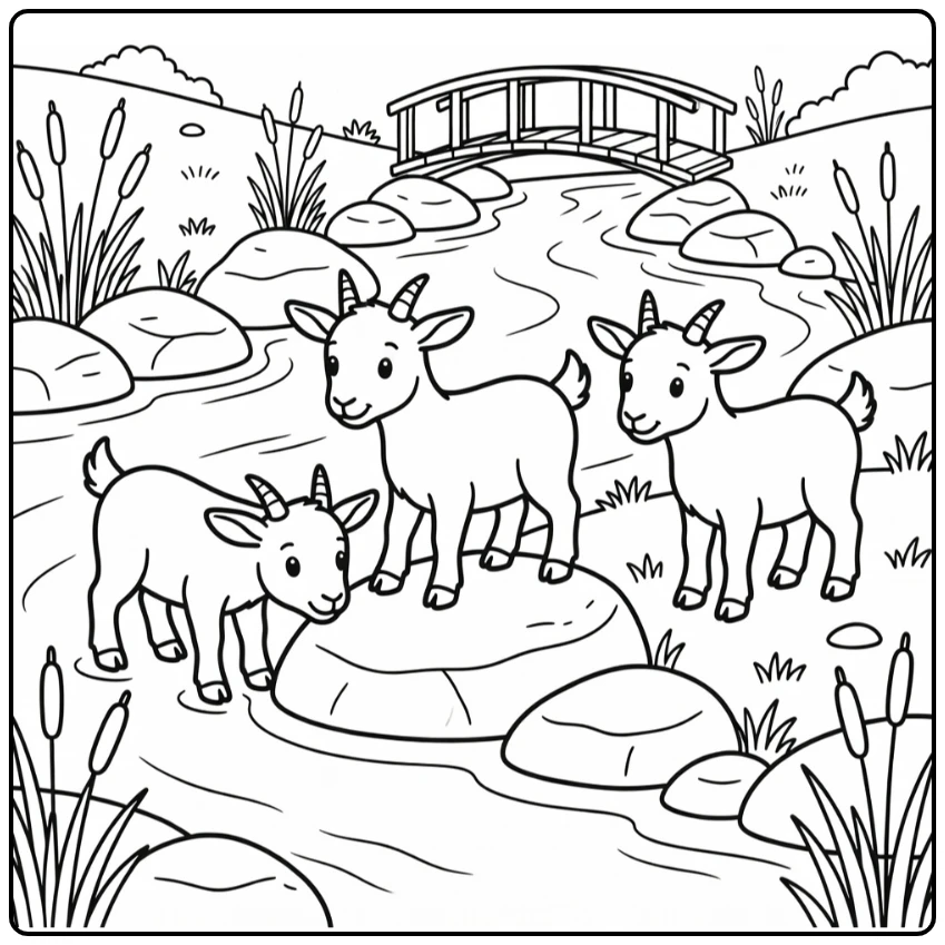 Adventurous goats coloring page with rocky river crossing