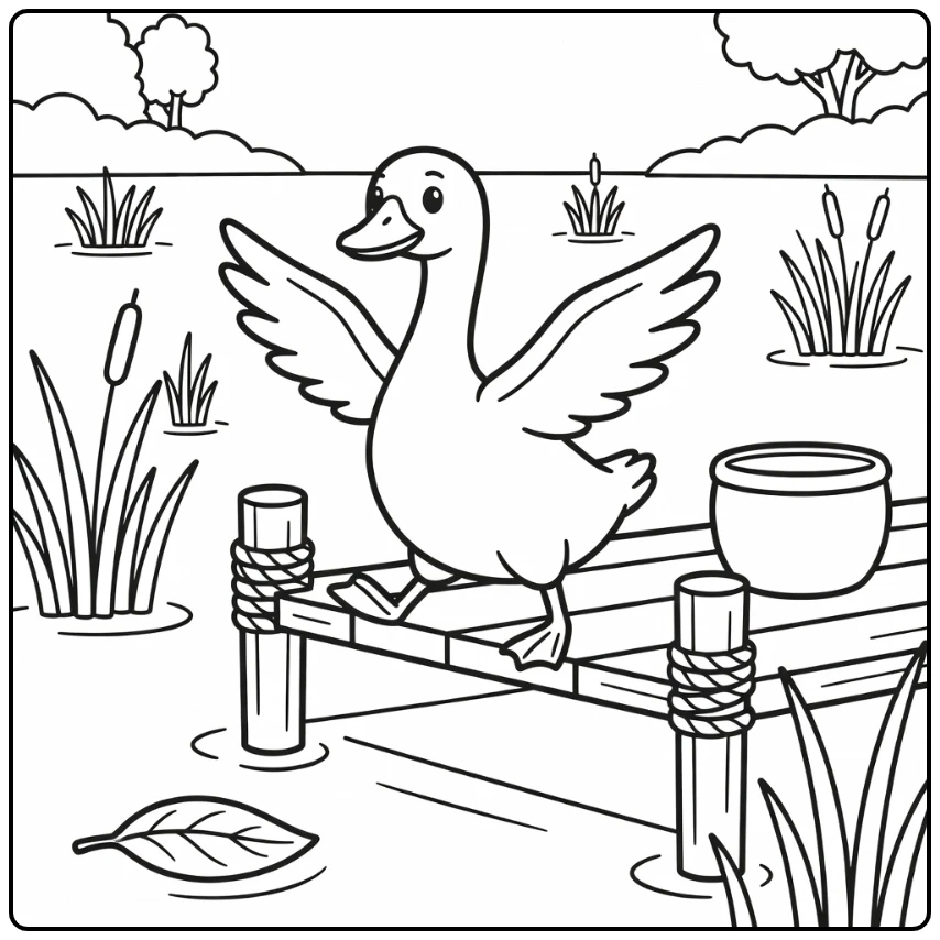 Goose coloring page stepping off wooden dock