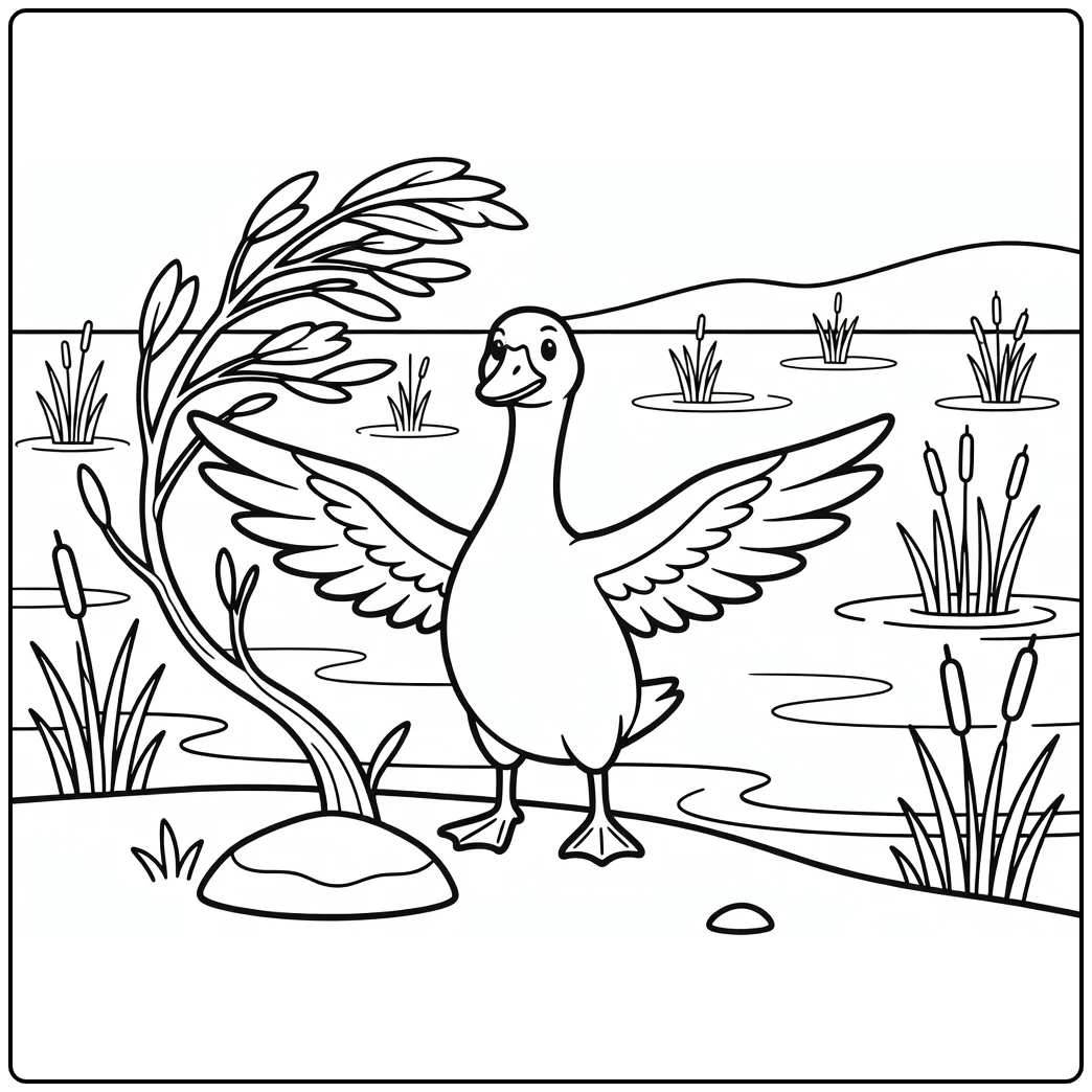 Goose coloring page showing bird stretching wings near lake
