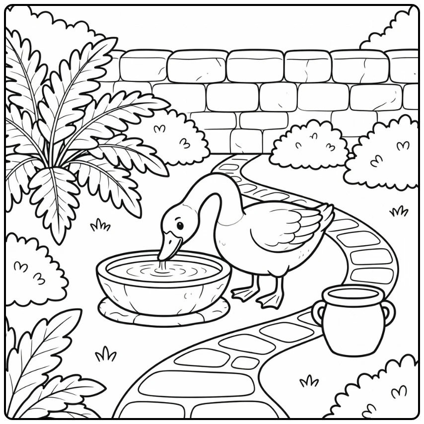 Goose coloring page of goose drinking at garden basin