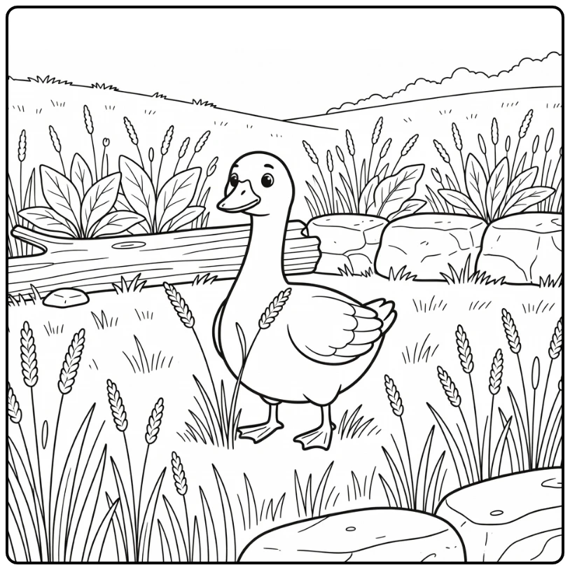 Goose coloring page showing meadow with tall seed heads