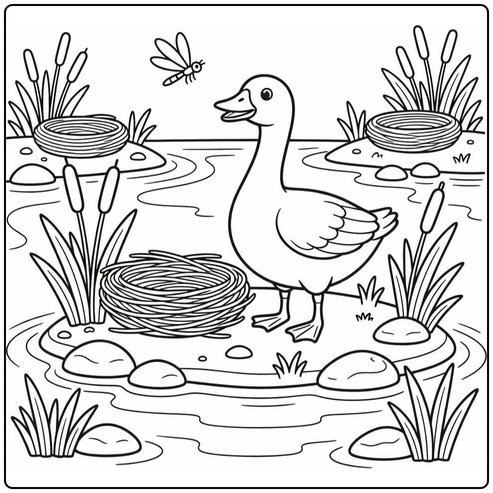 Goose coloring page with dragonfly and nest on pond island