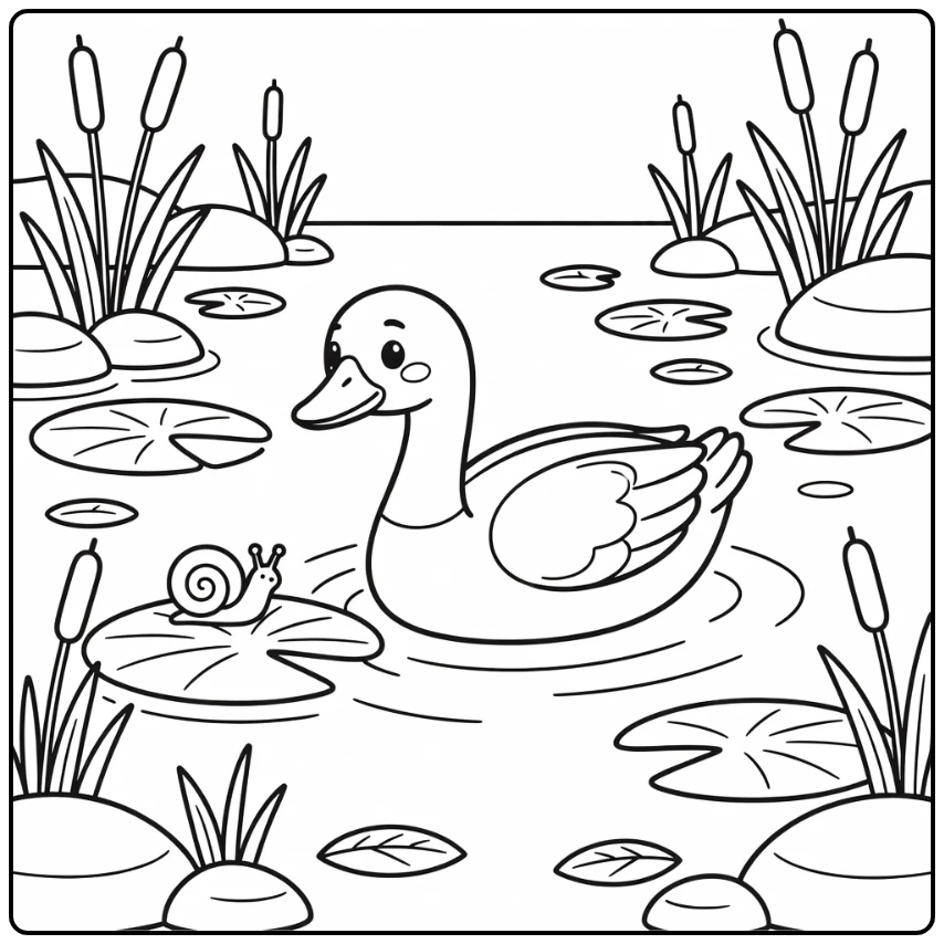 Goose coloring page with lily pads and snail in marsh