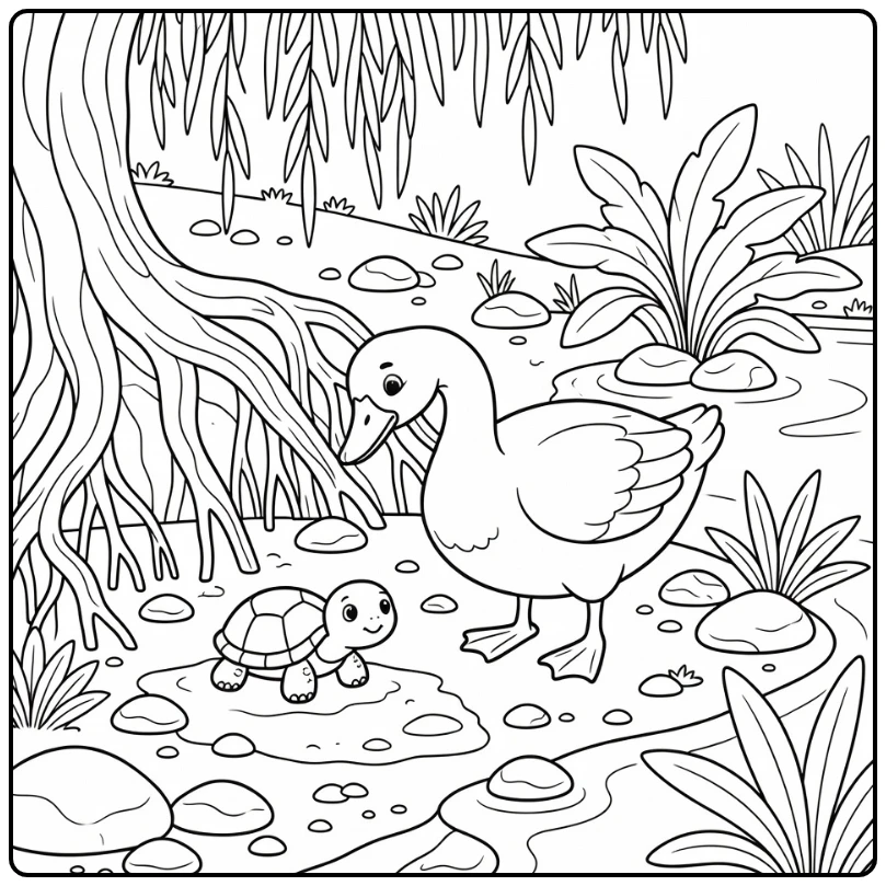 Goose coloring page with turtle on riverbank