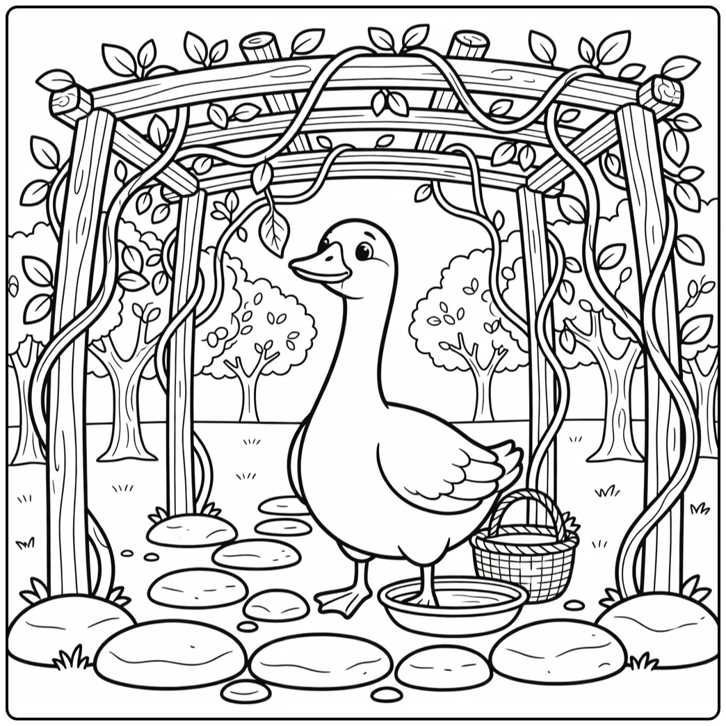 Goose coloring page with orchard trellis and harvest basket