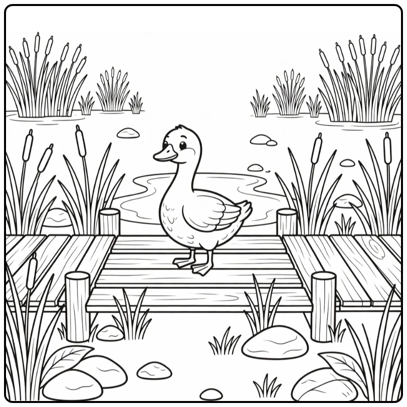 Goose coloring page in quiet marsh boardwalk scene
