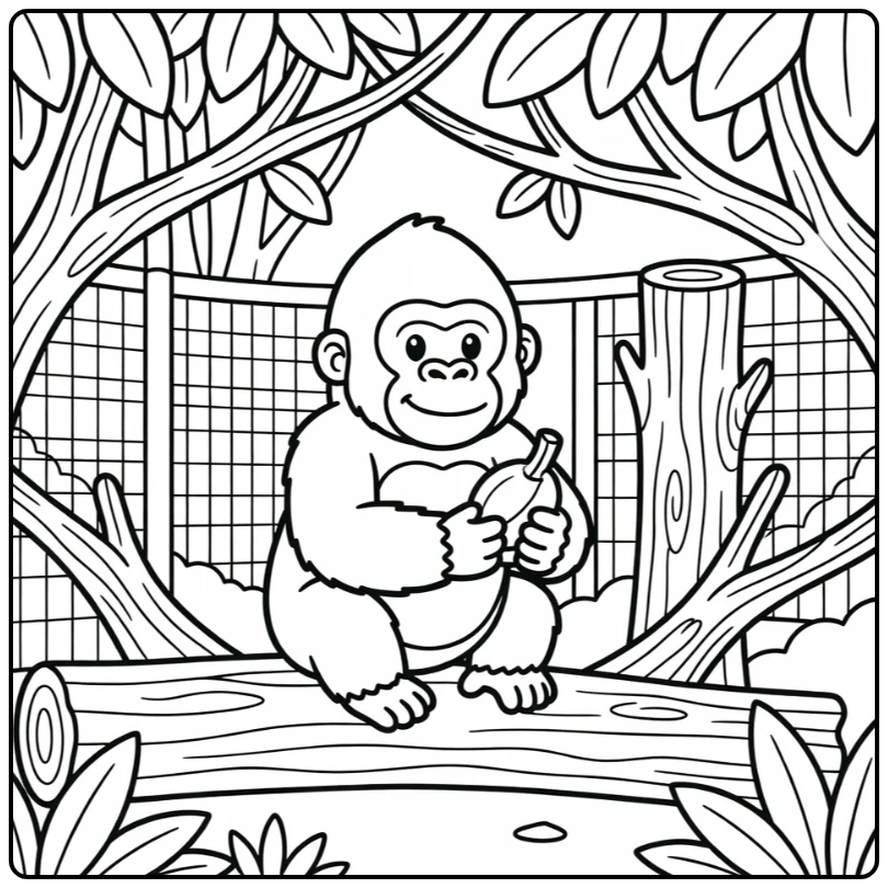 Cute gorilla on log with fruit zoo coloring page