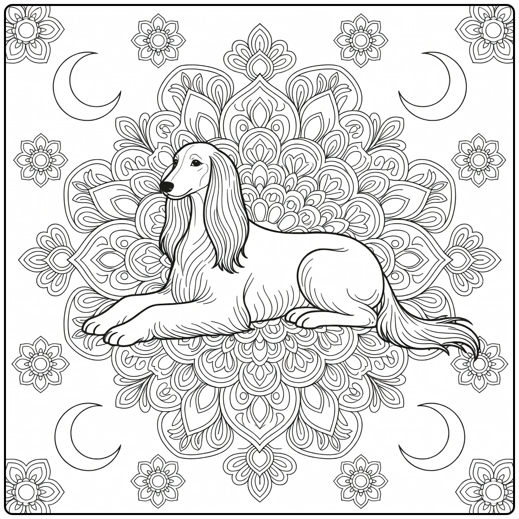 Dog mandala coloring pages: Elegant Afghan Hound in regal pose