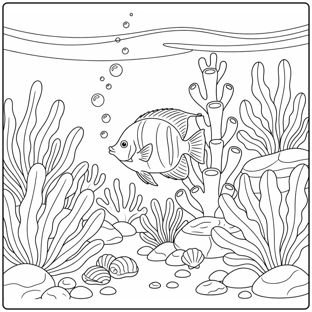 Angelfish follows bubbles by coral pillar sea animal coloring page