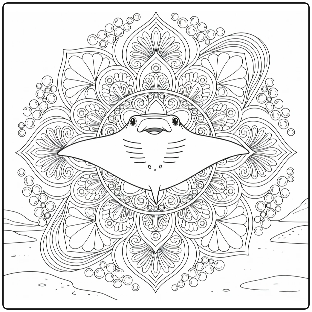 Animal mandala coloring pages for adults: manta ray ocean scene