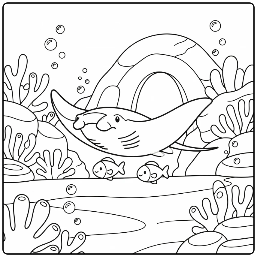 Manta ray over reef with fish: sea animal coloring page