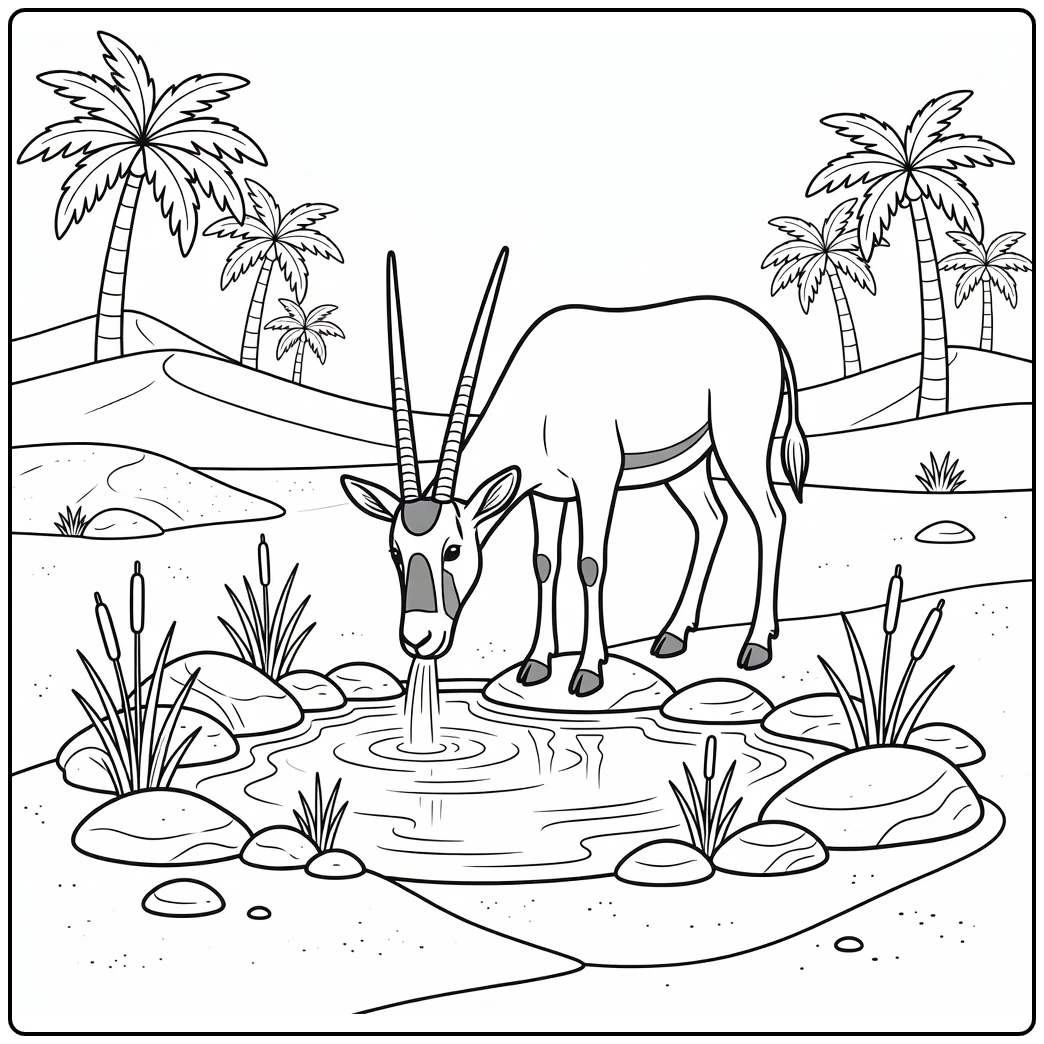 Oryx drinks at desert oasis - desert animal coloring page