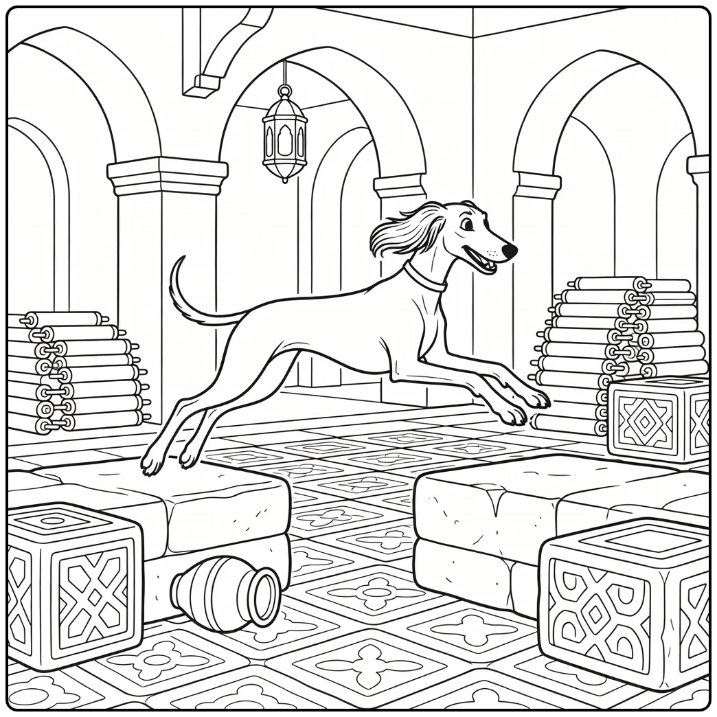 Saluki leaping gap in desert library: detailed Dog coloring pages