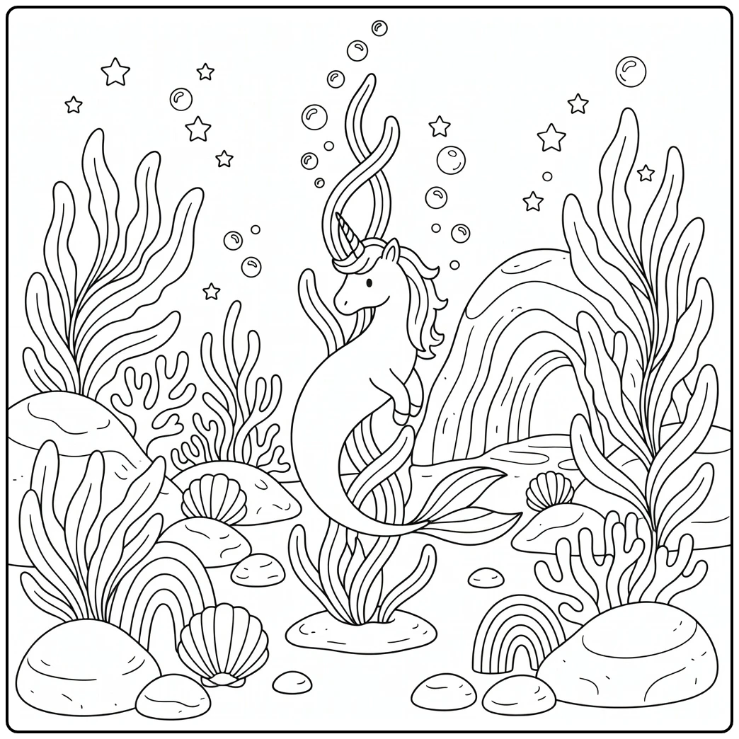 Unicorn mermaid coloring page with kelp spiral and bubbles