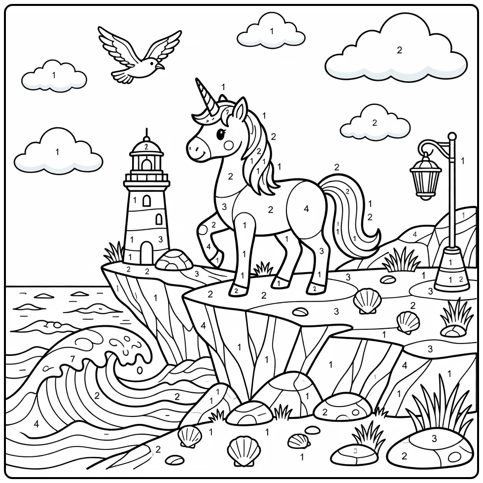 unicorn number coloring page: unicorn on cliff with lighthouse, seabird