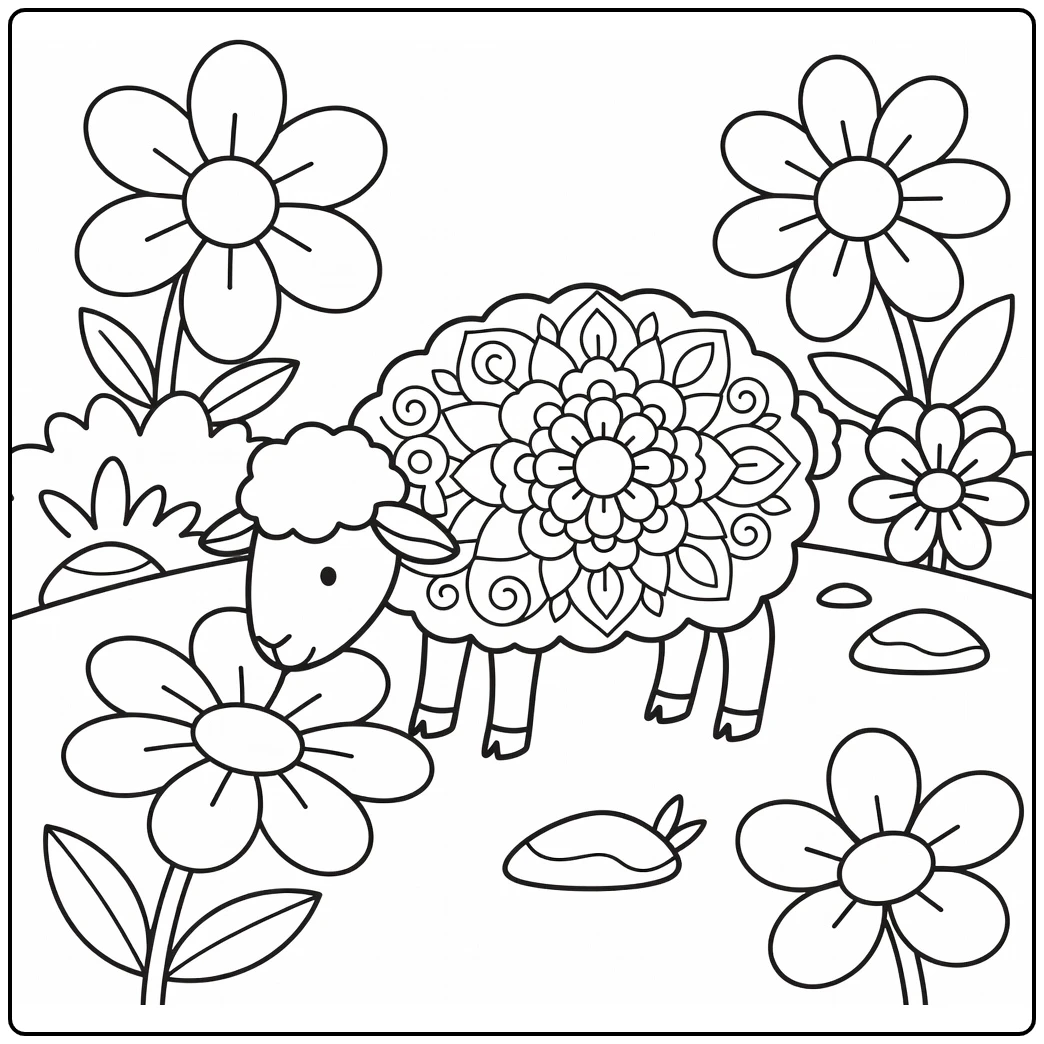 Sheep mandala grazing hillside animal mandala coloring pages