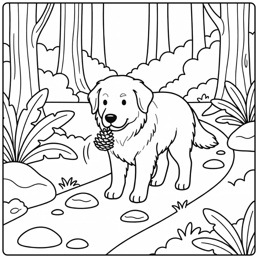 Great Pyrenees coloring page: dog nudges pine cone trail