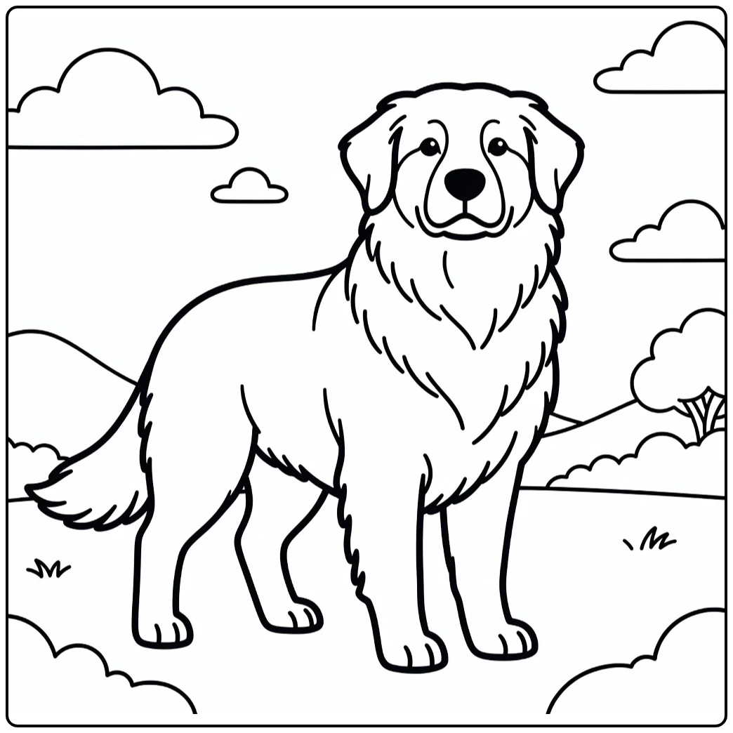 Great Pyrenees coloring page of proud fluffy dog standing tall