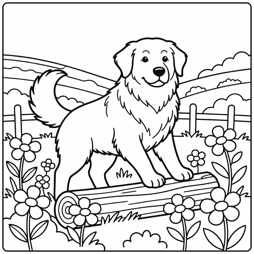 Great Pyrenees coloring page: dog climbs log with fluffy tail