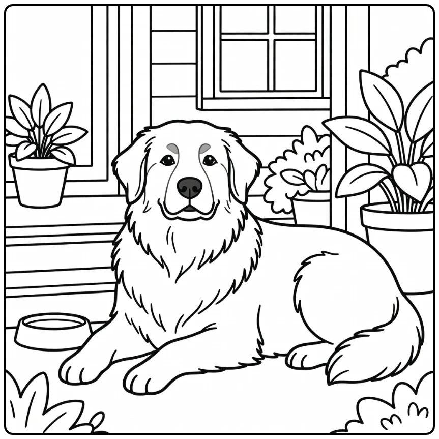Great Pyrenees coloring page: watchful dog by farmhouse porch