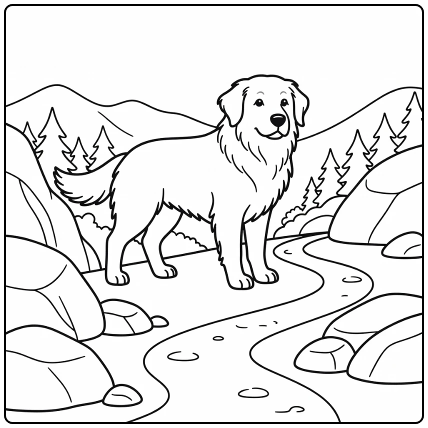 Great Pyrenees coloring page: dog at mountain overlook
