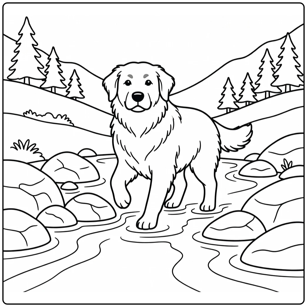 Great Pyrenees coloring page: dog crossing stream