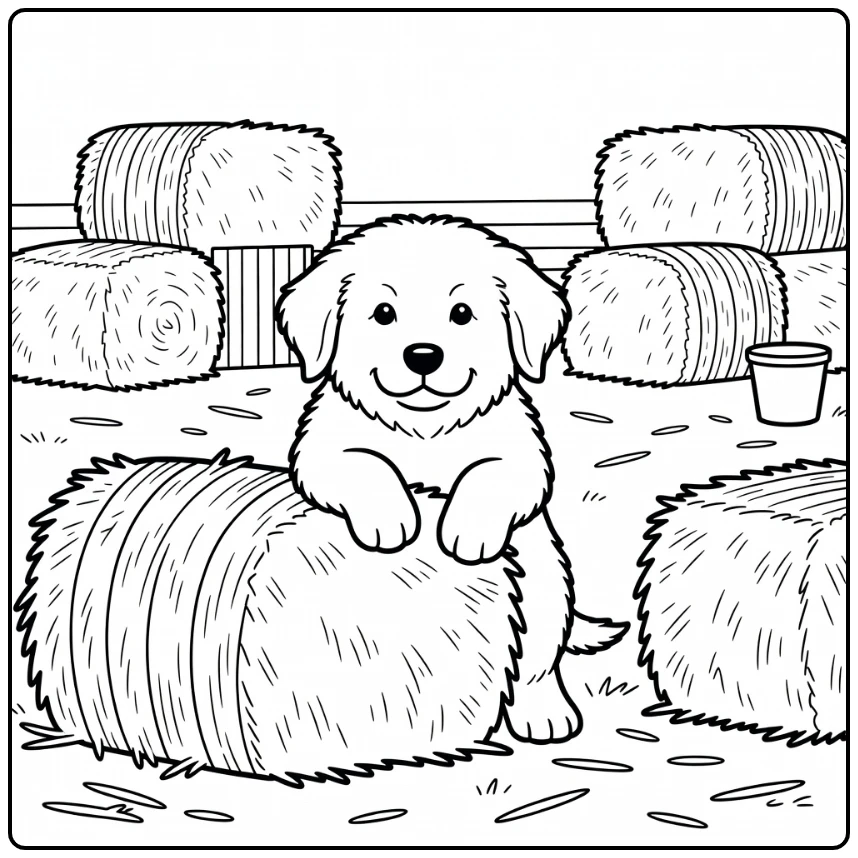 Great Pyrenees coloring page: puppy peeking from hay bale