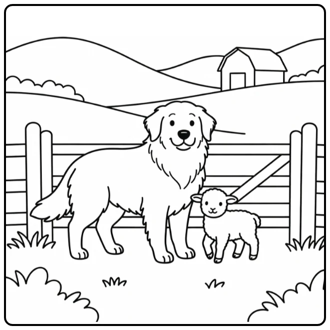 Great Pyrenees coloring page: dog guides lamb by gate