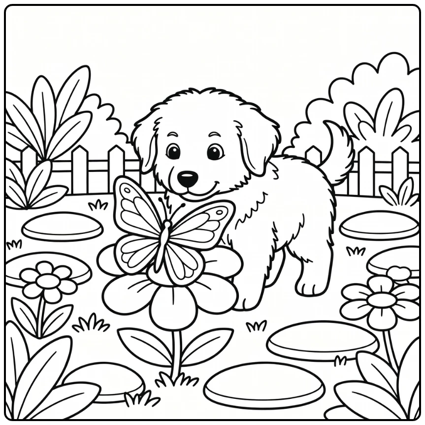Great Pyrenees coloring page: puppy sniffs giant butterfly on flower